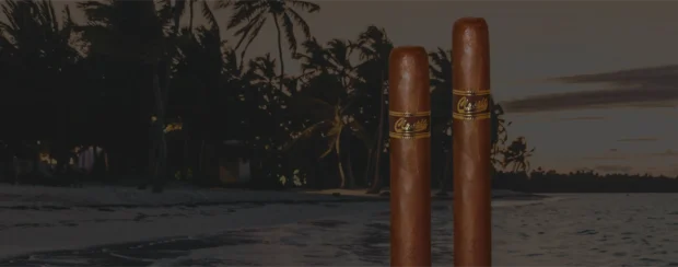 Classic Cuban cigars with rich brown wrappers and elegant gold bands, standing against a tropical beach sunset with palm trees, capturing the timeless essence of a smooth and traditional cigar experience.
